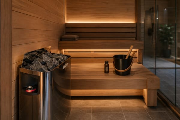 Harvia The Wall compact sauna heater in stainless steel and black