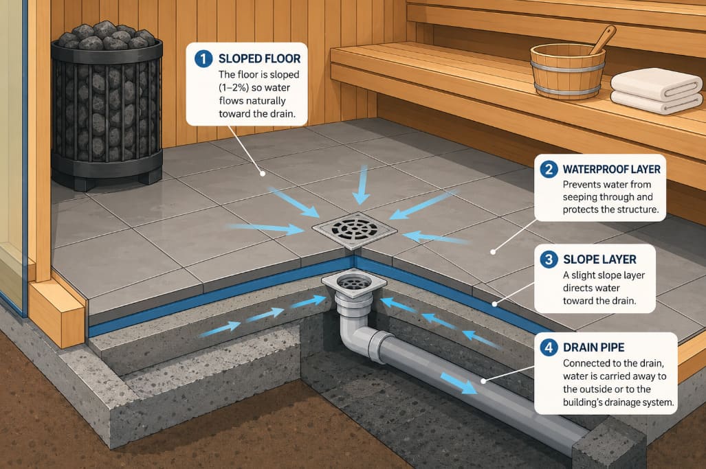 commercial sauna floor and drainage construction