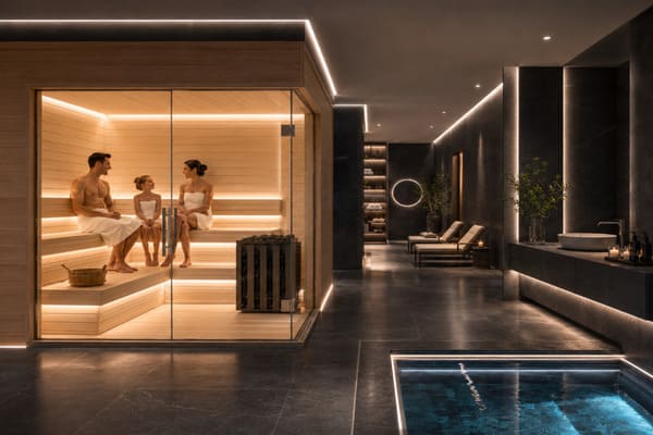 guests using a hotel sauna during a peak evening period