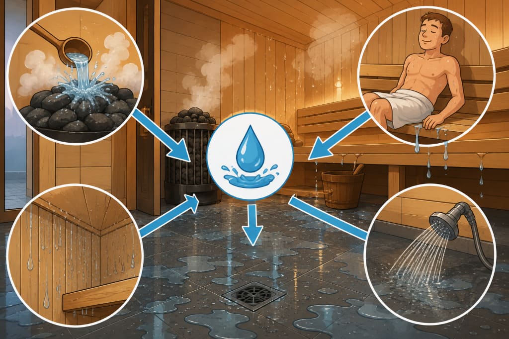 water on a commercial sauna floor in daily use