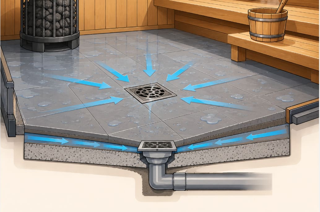 commercial sauna floor sloped toward the drain