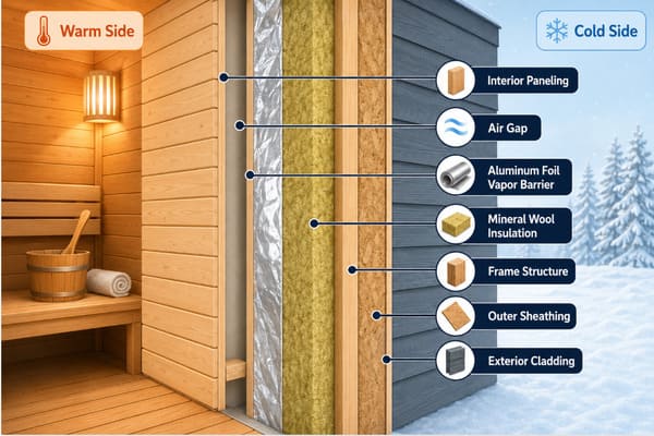 aluminum foil vapor barrier on the warm side of a sauna wall