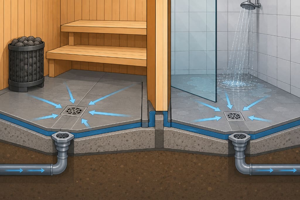 sauna floor connecting to shower wet area drainage