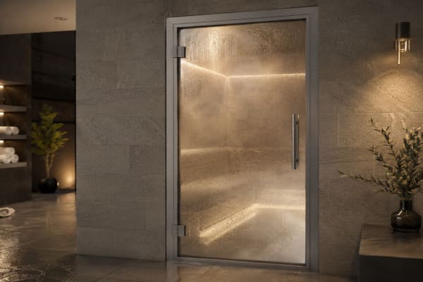 aluminum frame steam room door in a wet humidity area
