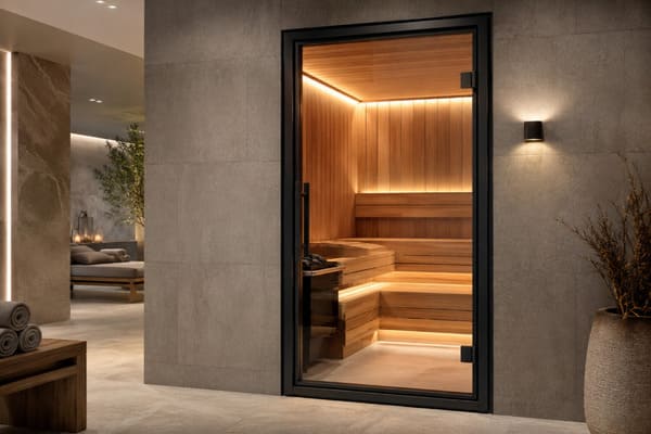tempered glass sauna door with metal frame in a spa