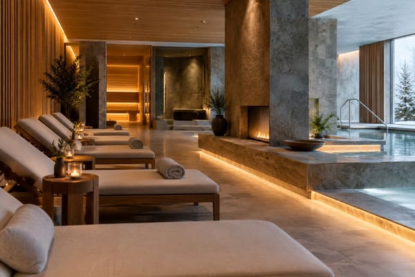 Hotel thermal wellness relaxation area with clear circulation and coordinated interior finishes