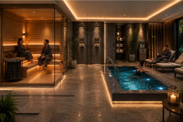 transition shower between sauna and cold plunge in a commercial wellness zone