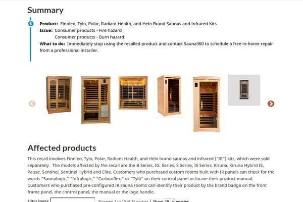Sauna360 infrared sauna recall affected brands and models overview