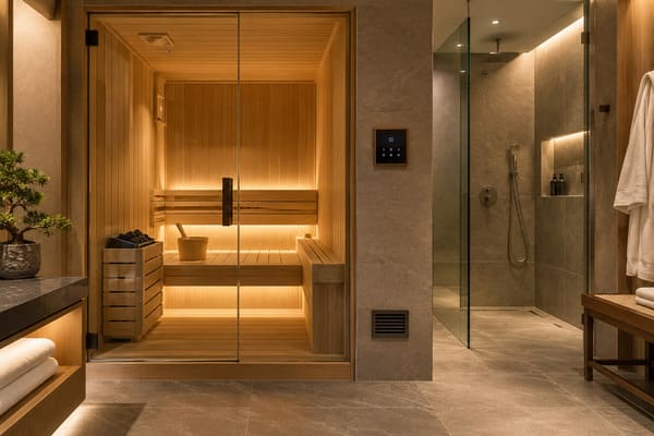Hotel sauna design concept connecting a private sauna with a boutique hotel bathroom
