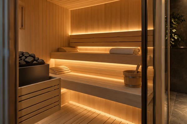 Sauna heater maintenance access with clear working space beside the bench