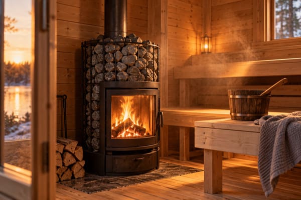 Wood-burning sauna heater installed in a premium outdoor sauna cabin