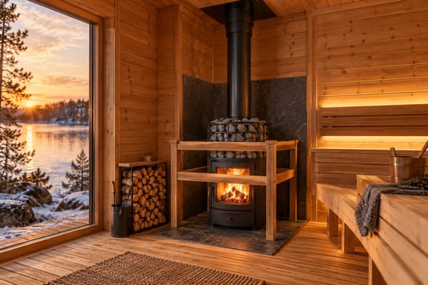 Wood-burning sauna stove showing firebox door, sauna stones and chimney connection